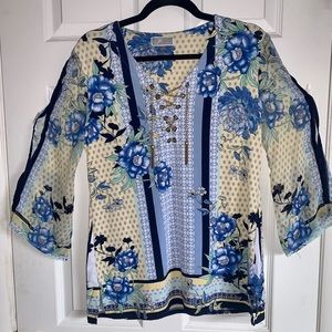 JM Collection Floral Sheer Sleeve Top Small.